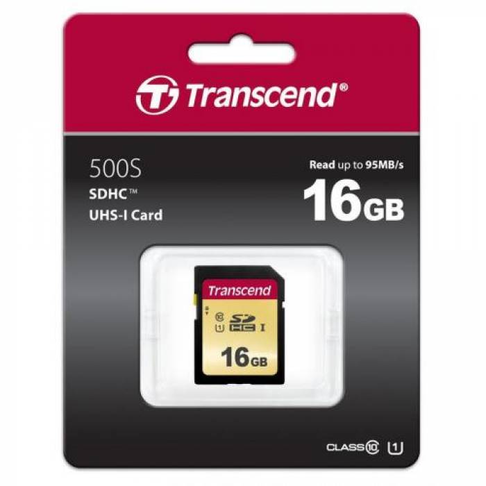 Memory Card SDHC Transcend 500S 16GB, Class 10, UHS-I U1