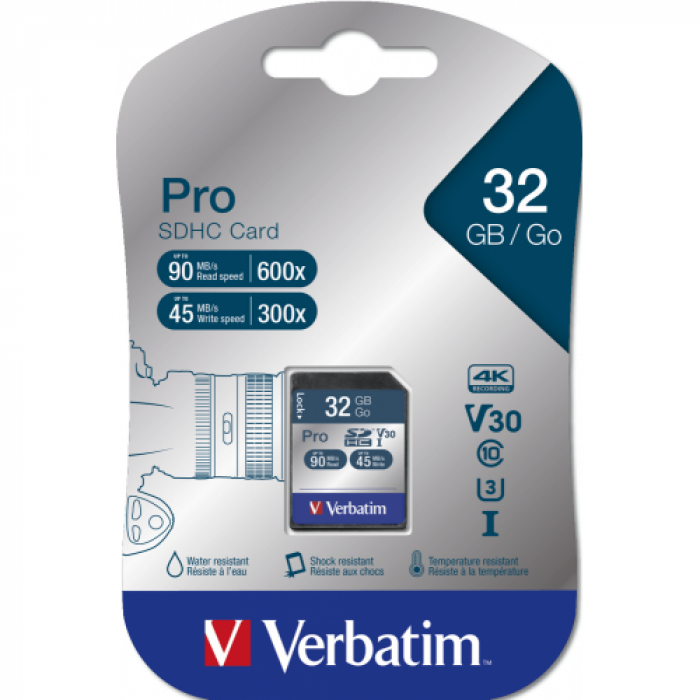 Memory Card SDHC Verbatim Pro 32GB, Class 10, UHS-I U3, V30