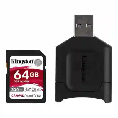 Memory Card SDXC Kingston Canvas React Plus 64GB, Class 10, UHS-II U3, V90 + USB card reader