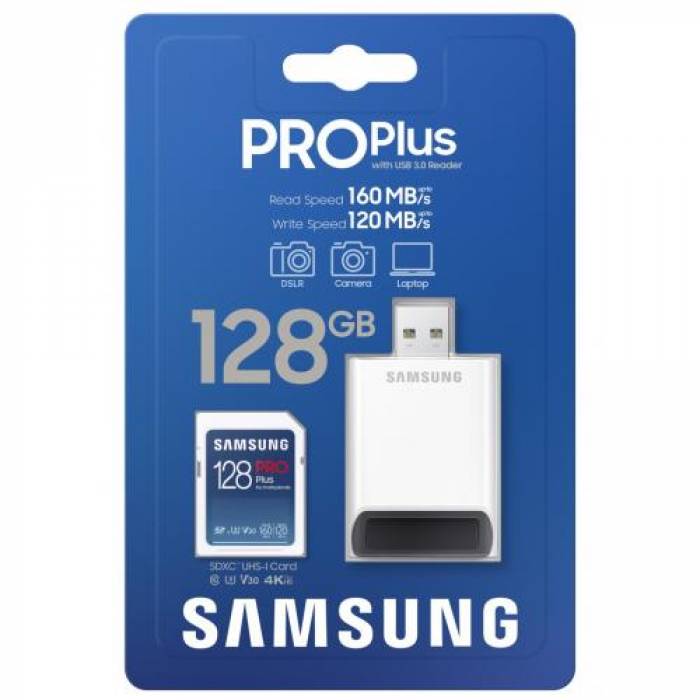 Memory Card SDXC Samsung PRO Plus 128GB, Class 10, UHS-I U3, V30, + USB Card Reader