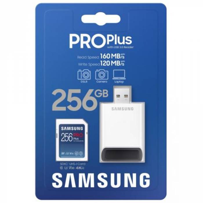 Memory Card SDXC Samsung PRO Plus 256GB, Class 10, UHS-I U3, V30, + USB Card Reader