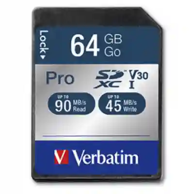Memory Card SDXC Verbatim Pro 64GB, Class 10, UHS-I U3, V30