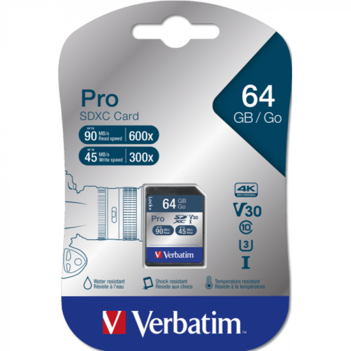 Memory Card SDXC Verbatim Pro 64GB, Class 10, UHS-I U3, V30