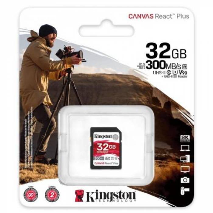 Memory SDHC Kingston Canvas React Plus 32GB, Class 10, UHS-II U3, V90