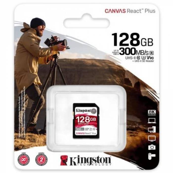 Memory SDXC Kingston Canvas React Plus 128GB, Class 10, UHS-II U3, V90