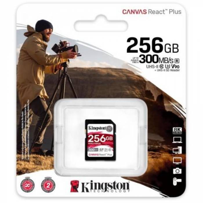 Memory SDXC Kingston Canvas React Plus 256GB, Class 10, UHS-II U3, V90