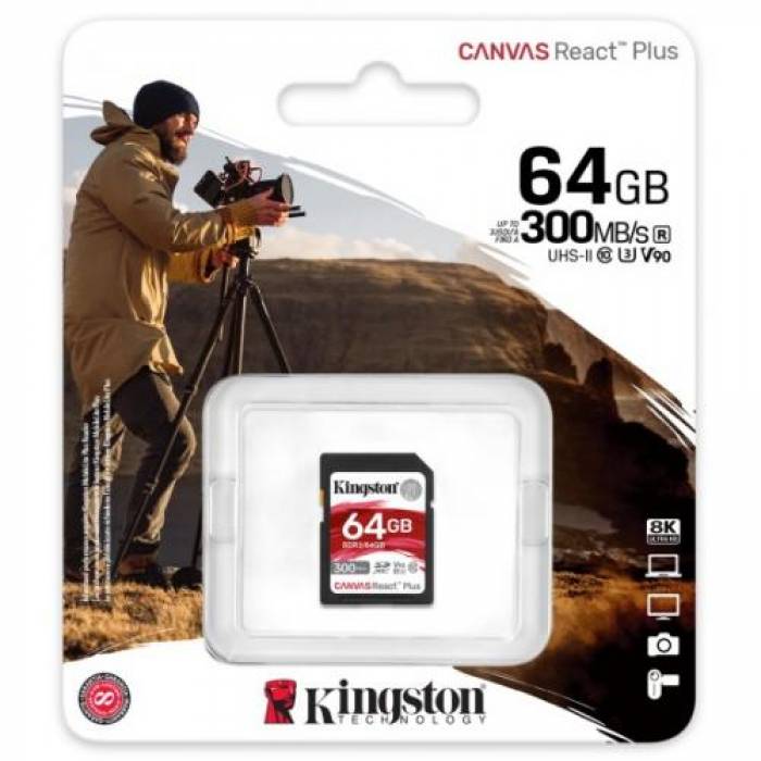 Memory SDXC Kingston Canvas React Plus 64GB, Class 10, UHS-II U3, V90