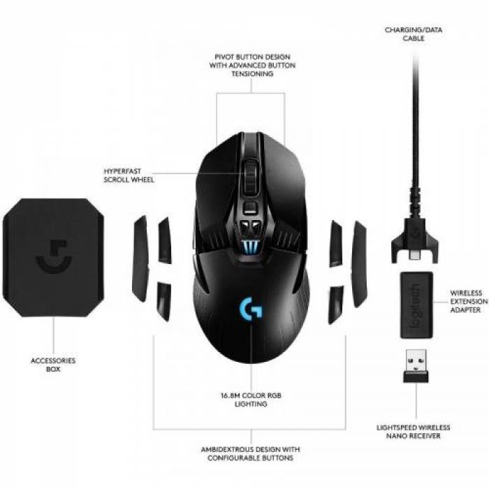 Mouse Hero Logitech G903, RGB LED, Wireless, Black