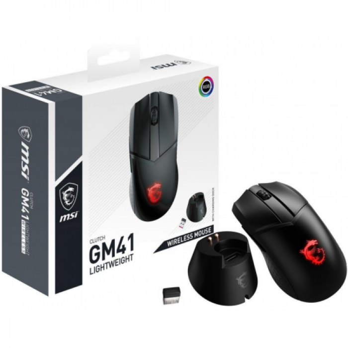 Mouse Optic MSI Clutch GM41 Lightweight Wireless, USB, Black