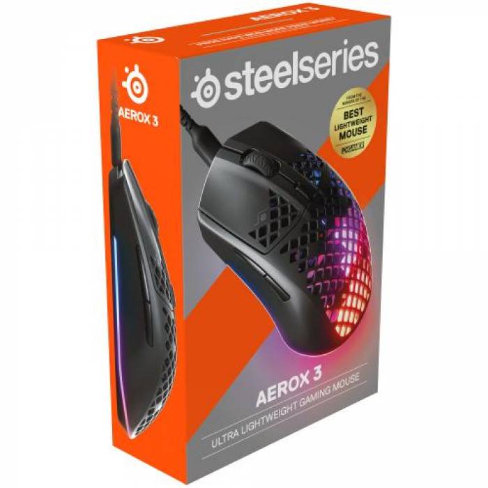 Mouse Optic SteelSeries Aerox 3 Wireless 2022 Edition, USB Wireless, Onyx