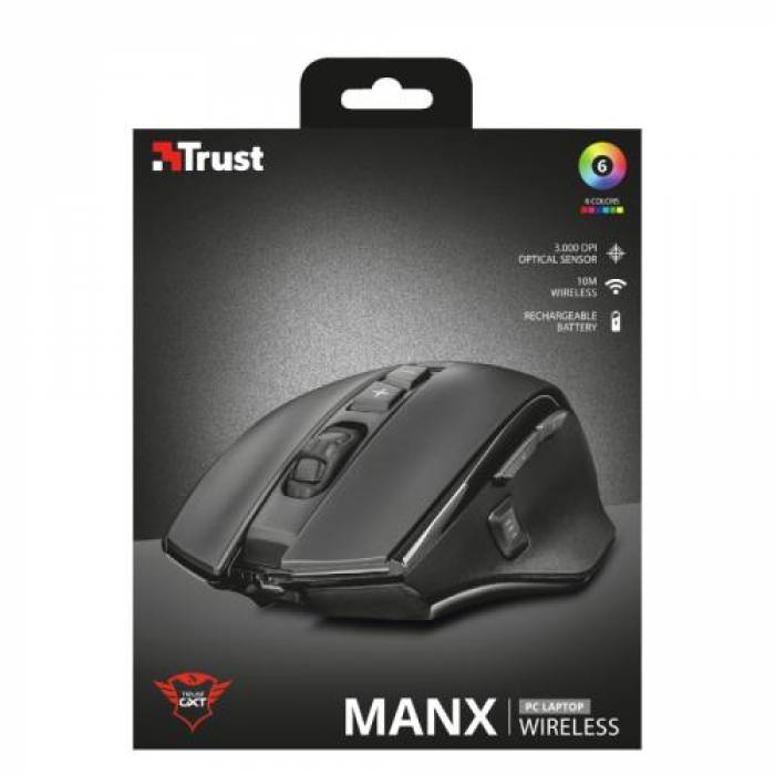 Mouse optic Trust GXT 140 Manx, RGB LED, USB Wireless, Black
