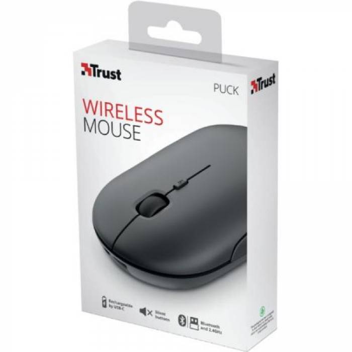 Mouse Optic Trust Puck Rechargeable, USB Wireless, Black