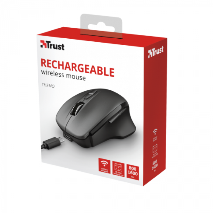 Mouse Optic Trust Themo Rechargeable, USB Wireless, Black