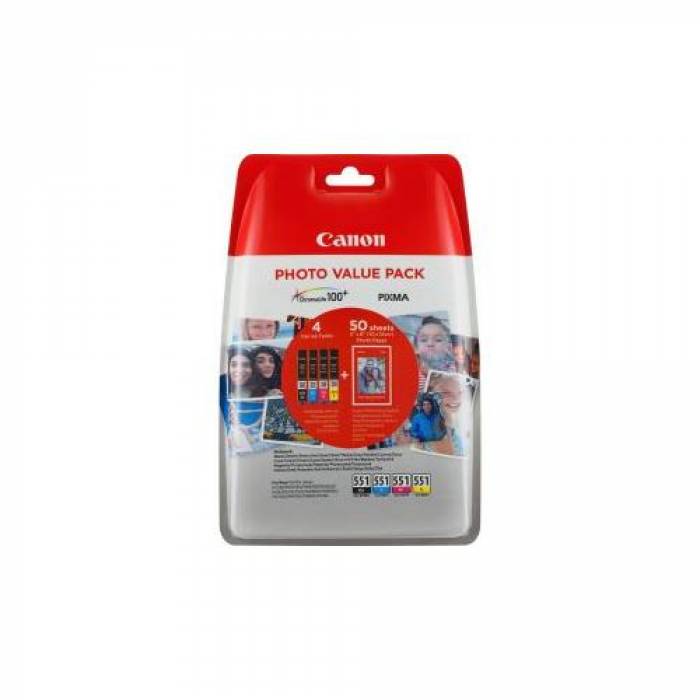 Pack Cartuse Cerneala Canon CLI-551 BS6508B005AA + Hartie Photo 10 x 15 cm (set 50 buc)