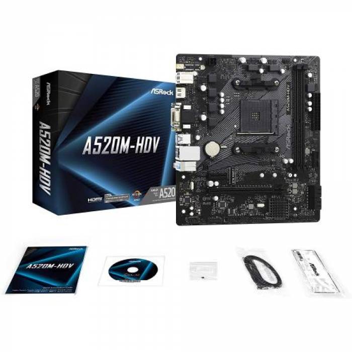 Placa de baza ASRock A520M-HDV, AMD A520, socket AM4, mATX