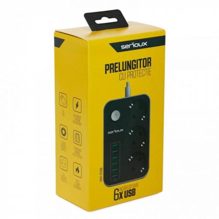 Prelungitor cu protectie Serioux PS36B, 3 prize, 1.6m