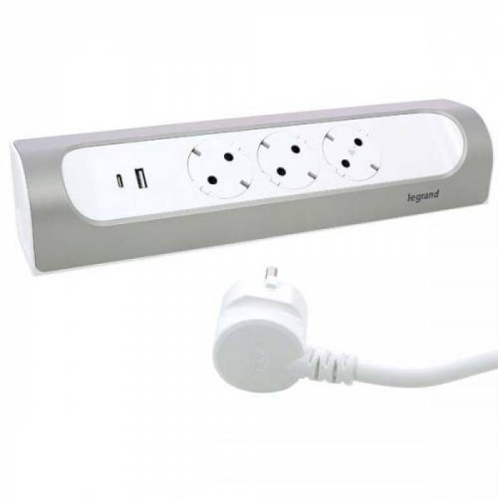 Prelungitor Legrand L694502, 3x Schuko, 1x USB, 1x USB-C, 1m, White-Silver