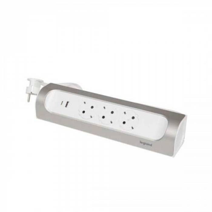 Prelungitor Legrand L694502, 3x Schuko, 1x USB, 1x USB-C, 1m, White-Silver