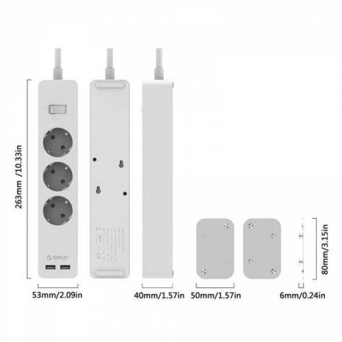 Prelungitor Orico GPC-3A2U, 3x Schuko, 2x USB, 1.5m, White