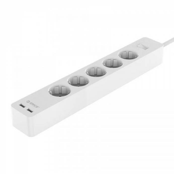 Prelungitor Orico GPC-5A2U-EU-WH, 5x Schuko, 2x USB, White