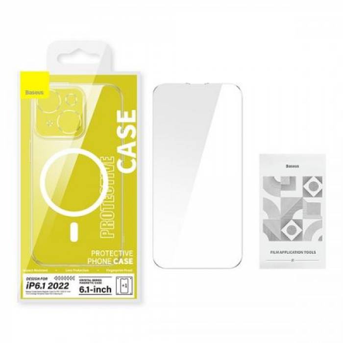 Protectie pentru spate Baseus Crystal Magnetic pentru IPhone 14 + Folie protectie sticla, Clear