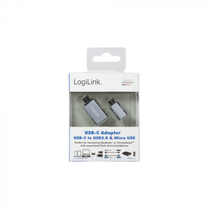 Set Adaptoare LogiLink MicroUSB Female - USB-C Male + USB 3.0 Female - USB-C Male, Silver