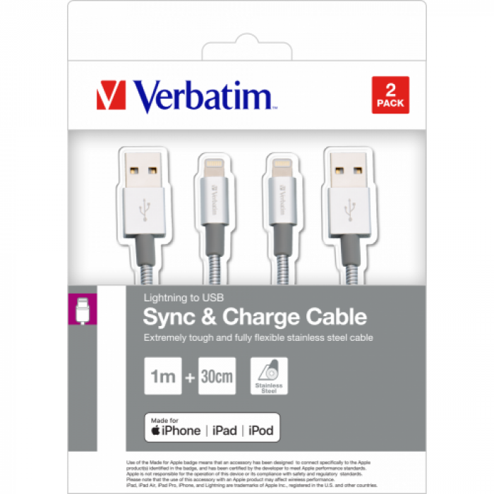 Set Cablu de date Verbatim 48873, USB - Lightning, 0.3m, Silver, 2buc