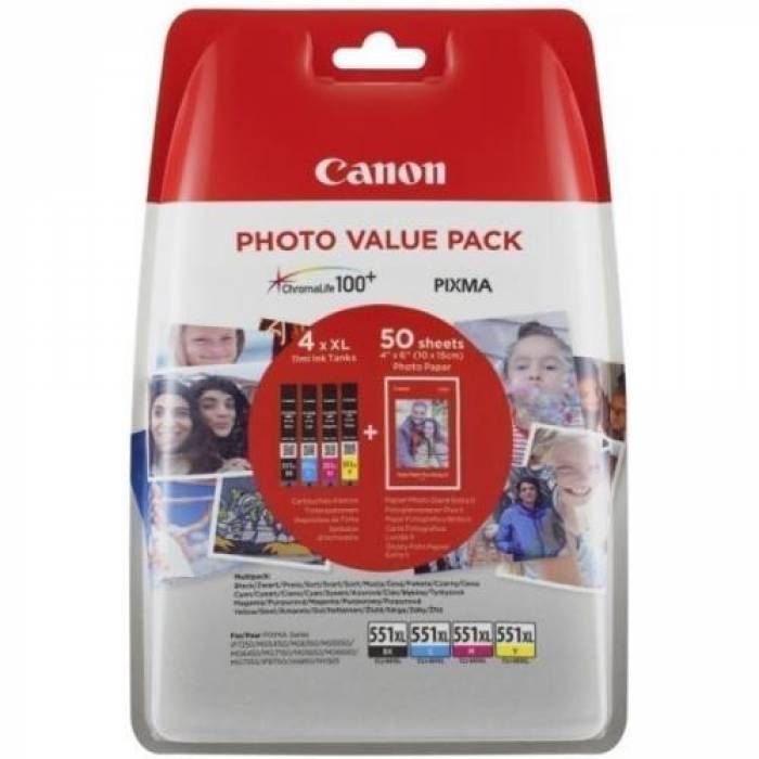 Set Cartuse Cerneala Canon CLI-551XL C/M/Y/BK + 10x15 Photo Paper (50 sheets) 