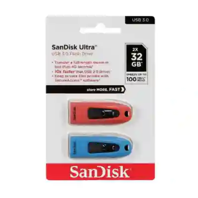 Set Stick memorie SanDisk Ultra 32GB, USB 3.0, Blue/Red, 2pack