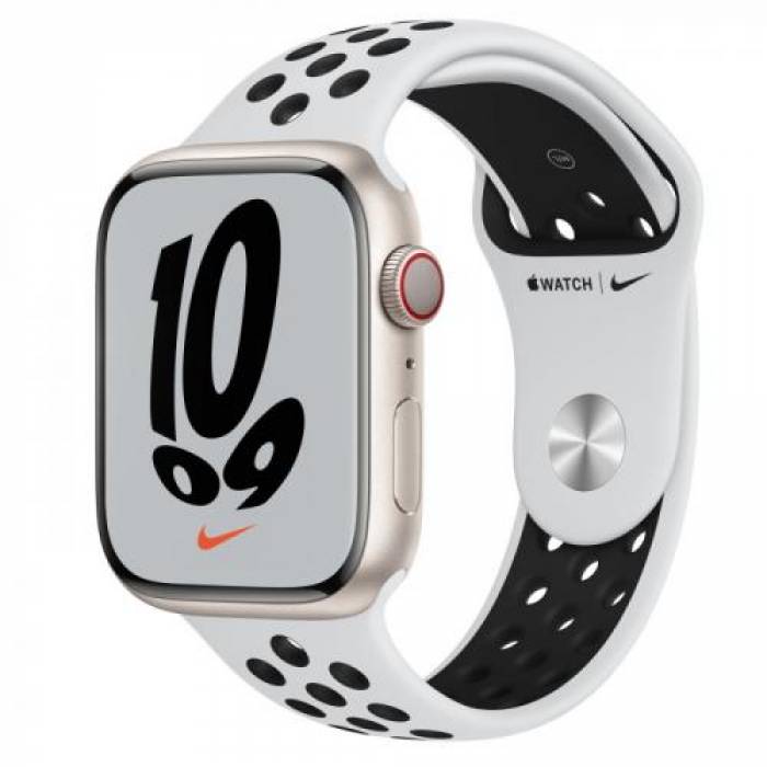 Smartwatch Apple Watch Nike Series 7, 1.9inch, curea silicon, Starlight-Pure Platinum/Black