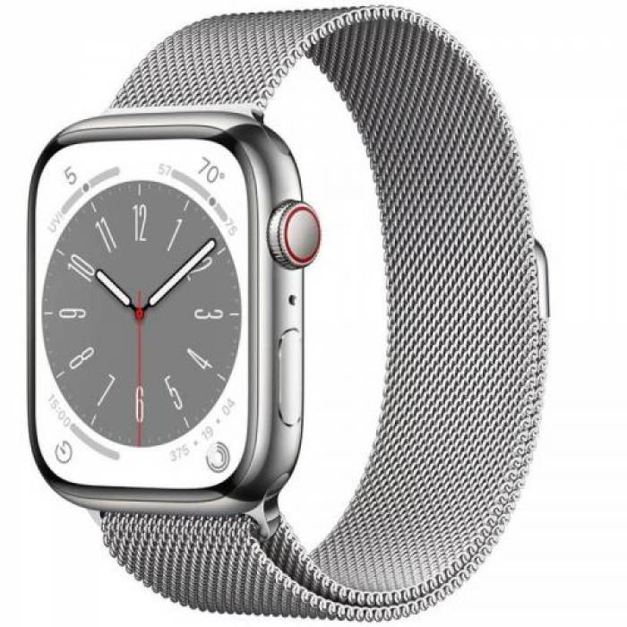 Smartwatch Apple Watch Series 8 Stainless Steel, 1.69inch, 4G, curea metal, Silver-Silver Milanese