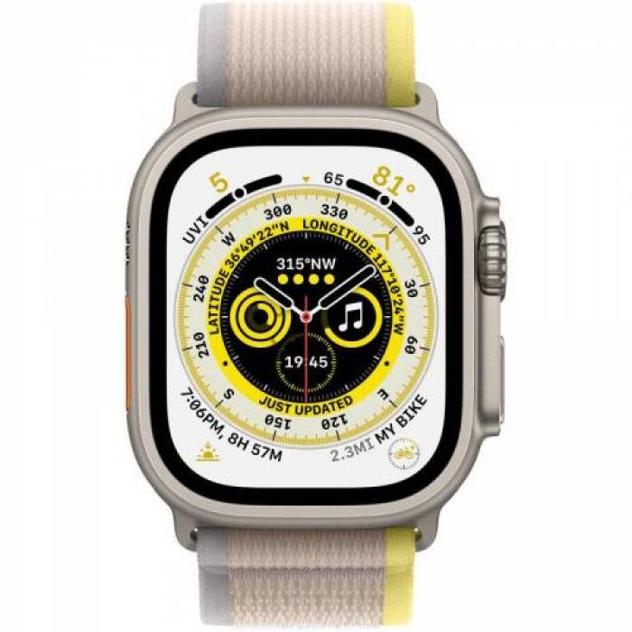 Smartwatch Apple Watch Ultra, 1.92inch, 4G, curea nylon S-M, Titan-Yellow/Beige Trail Loop