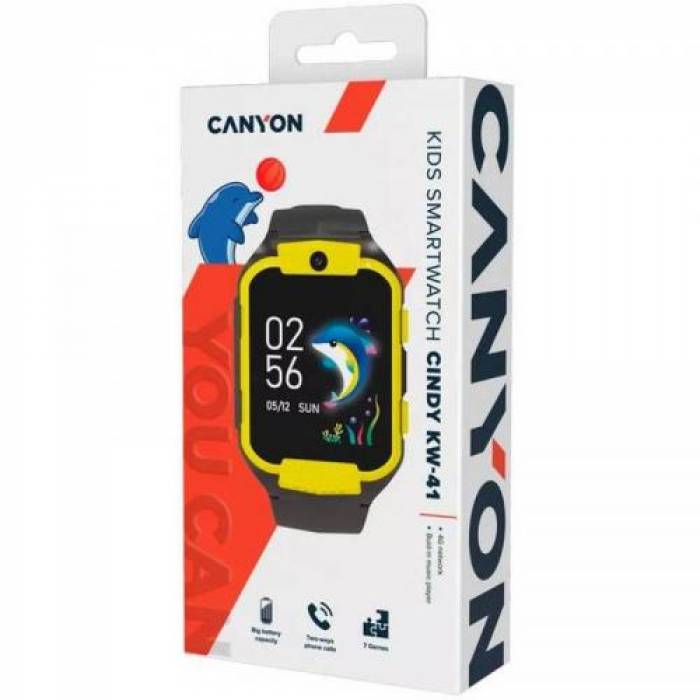 SmartWatch Canyon Kids KW41, 1.69inch, Curea Silicon, Yellow-Black