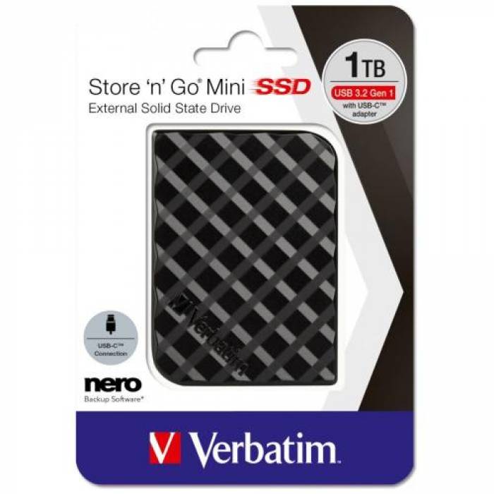 SSD portabil Verbatim Store 'N' Go Mini, 1TB, USB 3.0 Tip B, Black