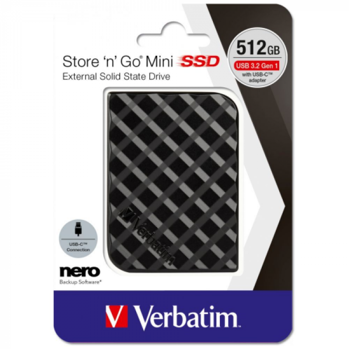 SSD portabil Verbatim Store 'N' Go Mini, 512GB, USB 3.0 Tip B, Black