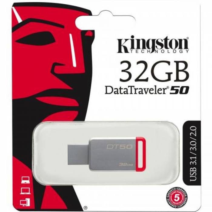 Stick Memorie Kingston DataTraveler 50 32GB, USB3.0, Metal/Red
