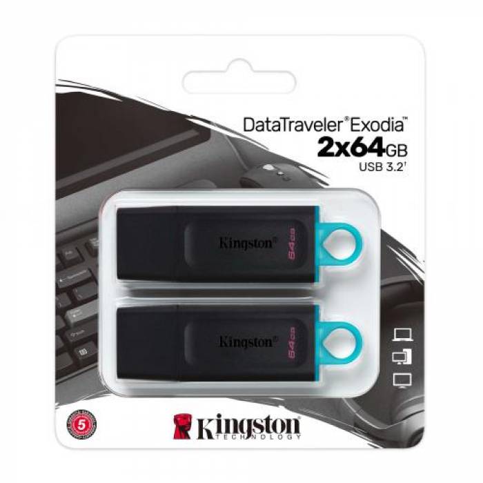 Stick memorie Kingston DataTraveler Exodia 32GB, USB 3.0, Black-Teal, 2 Pack