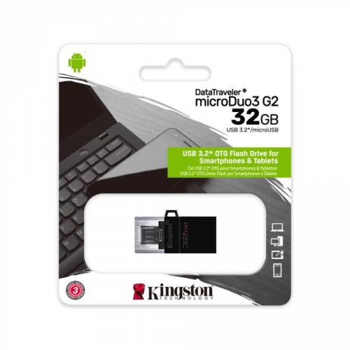 Stick memorie Kingston DataTraveler microDuo 3.0 G2 32GB,  USB 3.1 gen 1, Black