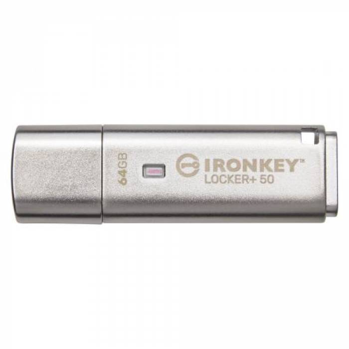 Stick Memorie Kingston IronKey Locker+50 64GB, USB 3.2 gen 1, Silver