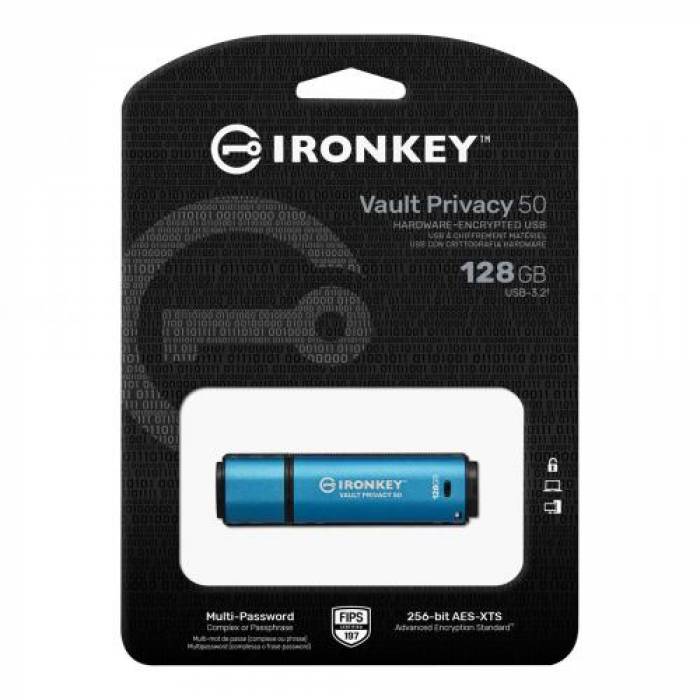 Stick Memorie Kingston IronKey Vault Privacy 50, 128GB, USB 3.0, Blue