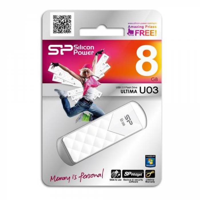 Stick Memorie Silicon Power Ultima U03 8GB, USB 2.0, White