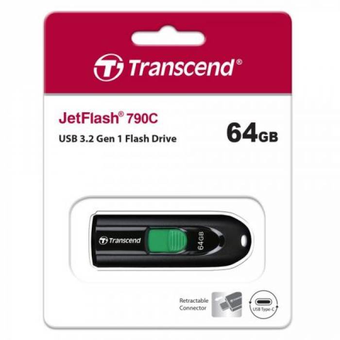 Stick memorie Transcend Jetflash 790C, 64GB, USB-C, Black