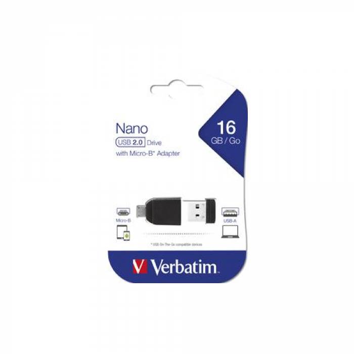 Stick memorie Verbatim STORE 'N' STAY 16GB, USB 2.0, Black + OTG Adaptor