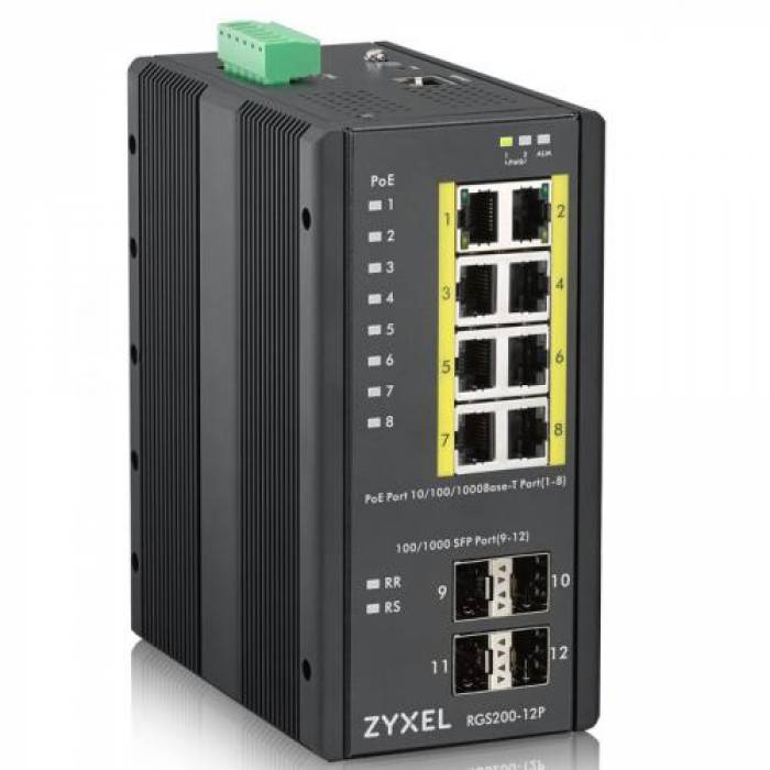 Switch Zyxel RGS200-12P Industrial, 8 porturi, PoE
