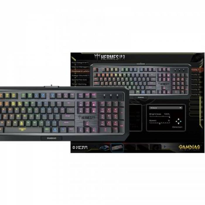 Tastatura Gamdias Hermes P3 Mecanica, RGB LED, USB, Black-Silver