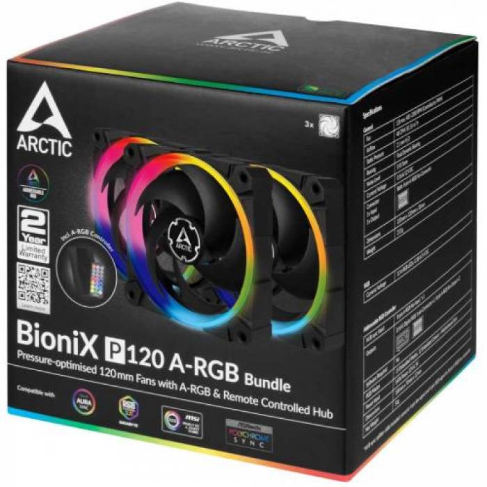 Ventilator Arctic BioniX P120 A-RGB, 120mm, 3 bucati + Controller