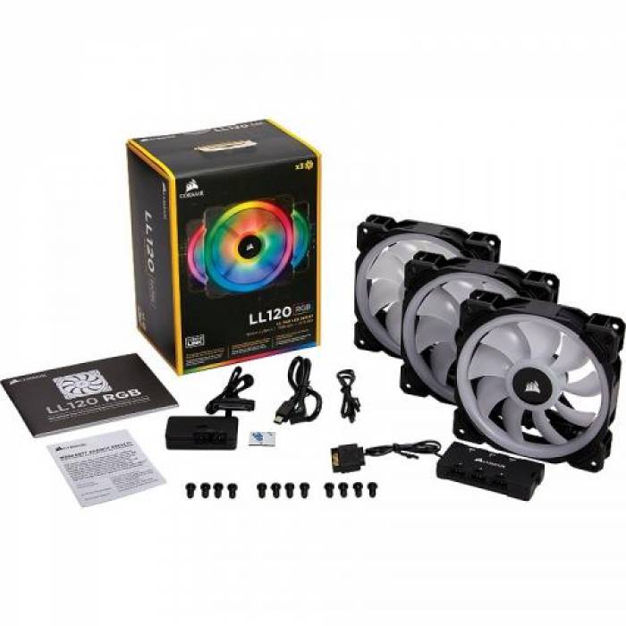 Ventilator Corsair LL120 RGB LED Static Pressure, 120mm, Three Fan Pack