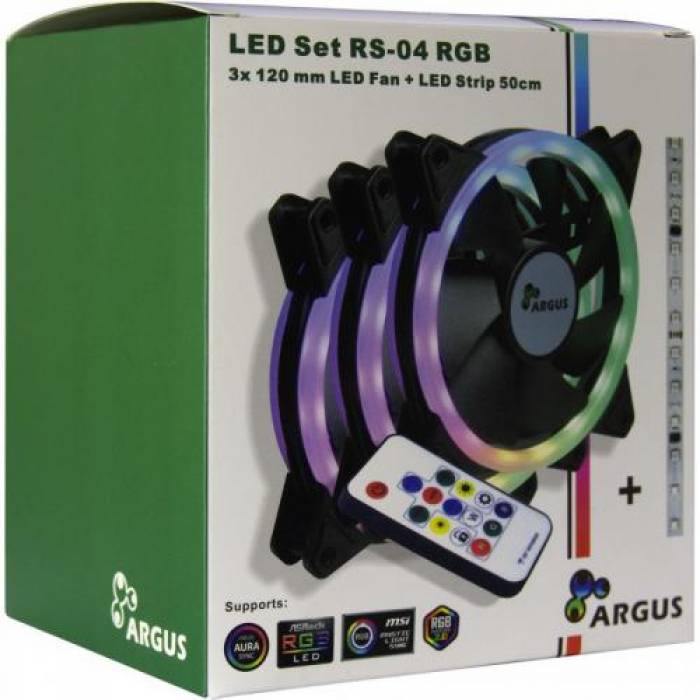 Ventilator Inter-Tech Argus RS-04, 120mm, 3buc + Banda RGB LED